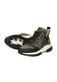 High-Top-Sneaker aus olivgrünen Stoff mit schwarzen Lederakzenten. Dicke weiße Zwischensohle mit strukturiertem schwarzen Gummiaußensohle. Seitlicher Reißverschluss.