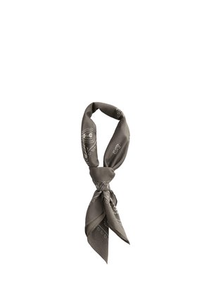 Gray bandana with white paisley patterns, folded and tied in a loose knot against a plain white background.
