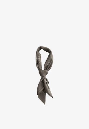 Gray bandana with white paisley patterns, folded and tied in a loose knot against a plain white background.