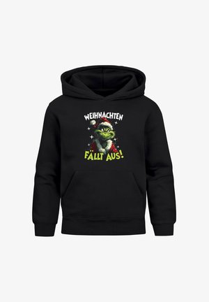 Schwarzer Hoodie mit einem Frontaufdruck eines Cartoon-Charakters mit Weihnachtsmannmütze und weiß-grünem Text: "WEIHNACHTEN FÄLLT AUS!"