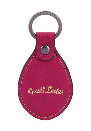 Pink tropfenförmiger Leder-Schlüsselanhänger mit Metallring und Druckknopf, genähte Kanten und „Gusti Leder“ in goldener Prägung.