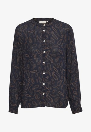 Blusa de manga larga azul marino oscuro con patrón paisley marrón, cuello redondo y botones blancos en la parte delantera.