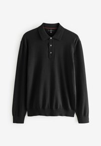 Melns ilgais krekls ar pogām, kas izgatavots no mīkstas auduma, ar trīs pogām aizpogājamu apkakli, ribotām piedurknēm un taisnu apakšmalu.