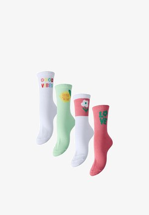 Quattro calzini colorati con testi e disegni positivi: bianco con scritto "GOOD VIBES", verde con "SQUEEZE THE DAY" e limone, bianco-rosa con fiore e rosa con la scritta "LOVE".