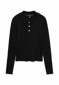 Musta pika varrukaga polo särk ribakujulise tekstuuriga, millel on terav krae ja viis dekoratiivset nööpi ees.