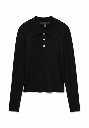 Sort langærmet polo-shirt med ribbet tekstur, der har en spidse krave og fem dekorative knapper foran.