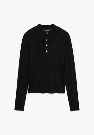 Sort langærmet polo-shirt med ribbet tekstur, der har en spidse krave og fem dekorative knapper foran.