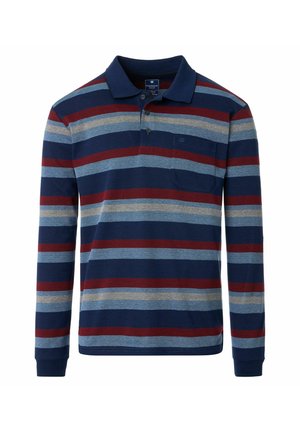 Langarm-Poloshirt mit horizontalen Streifen in Navy, Rot und Hellblau, mit Kragen und einer Brusttasche. Hergestellt aus strukturiertem Stoff.