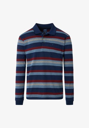 Langærmet polo skjorte med marineblå, rød og lyseblå vandrette striber, samt krave og en brystlomme. Fremstillet af struktureret stof.