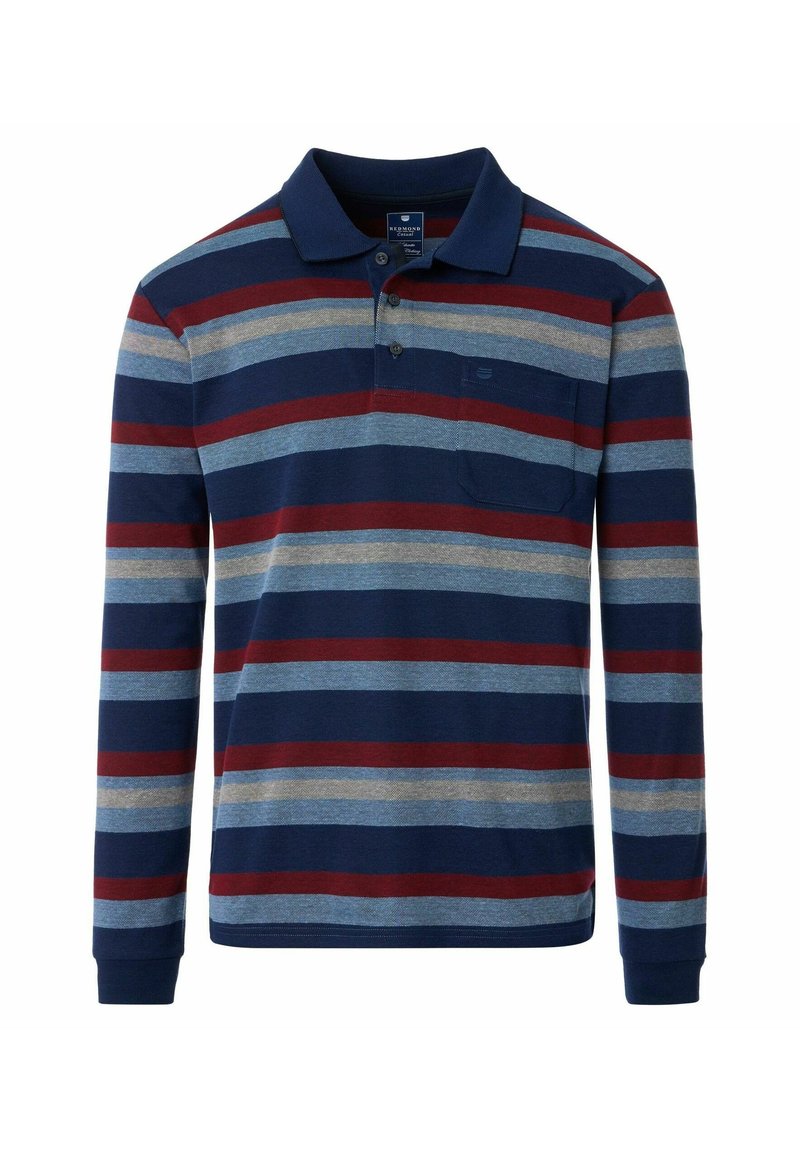 Polówka z długim rękawem w poziome paski w kolorze granatowym, czerwonym i jasnoniebieskim, z kołnierzykiem i kieszonką na piersi. Wykonana z teksturowanej tkaniny.