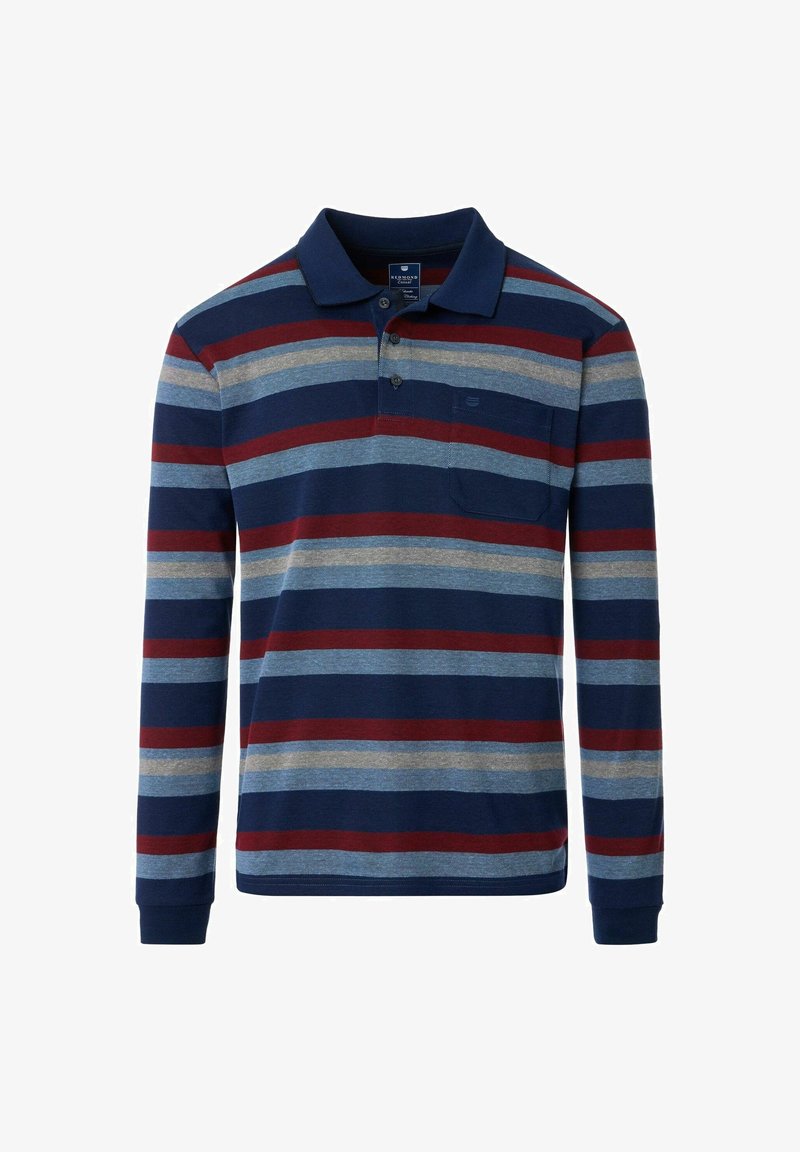 Polówka z długim rękawem w poziome paski w kolorze granatowym, czerwonym i jasnoniebieskim, z kołnierzykiem i kieszonką na piersi. Wykonana z teksturowanej tkaniny.