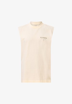 Krémový bezramenný bavlnený top s okrúhlym výstrihom. Obsahuje jemnú potlač loga tmavozelenej farby na ľavej strane hrude. Hladká textúra.