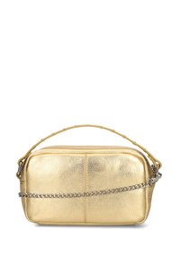 Goldfarbene metallische Handtasche mit rechteckiger Form, texturiertem Oberflächen und abnehmbarem Kettenriemen. Besitzt einen einzelnen oberen Griff.