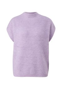 Pull sans manches en tricot lavande doux avec un col rond haut et une coupe décontractée.