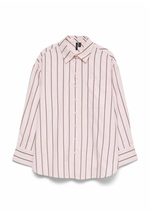 Chemise à manches longues rose clair avec des rayures verticales étroites marron et une poche poitrine avant.