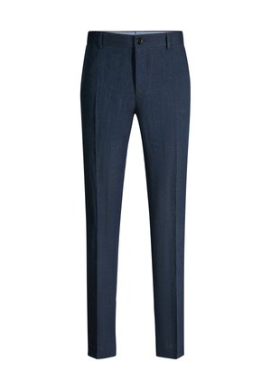 Pantalon habillé pour homme bleu marine, taillé sur mesure, avec passants de ceinture, fermeture frontale par boutons et jambes marquées, présenté sur fond blanc.