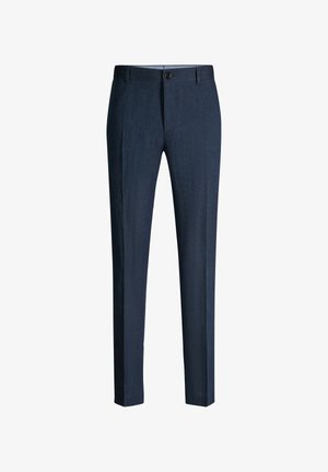 Pantalon habillé pour homme bleu marine, taillé sur mesure, avec passants de ceinture, fermeture frontale par boutons et jambes marquées, présenté sur fond blanc.