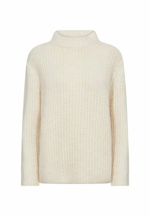 Suéter de punto color crema con cuello alto, manga larga y un patrón texturizado. La tela parece suave y acogedora.