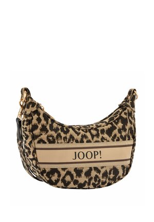 Lille halv-måneformet håndtaske med beige og sort leopardprint og en central beige stribe mærket JOOP! med sorte bogstaver.