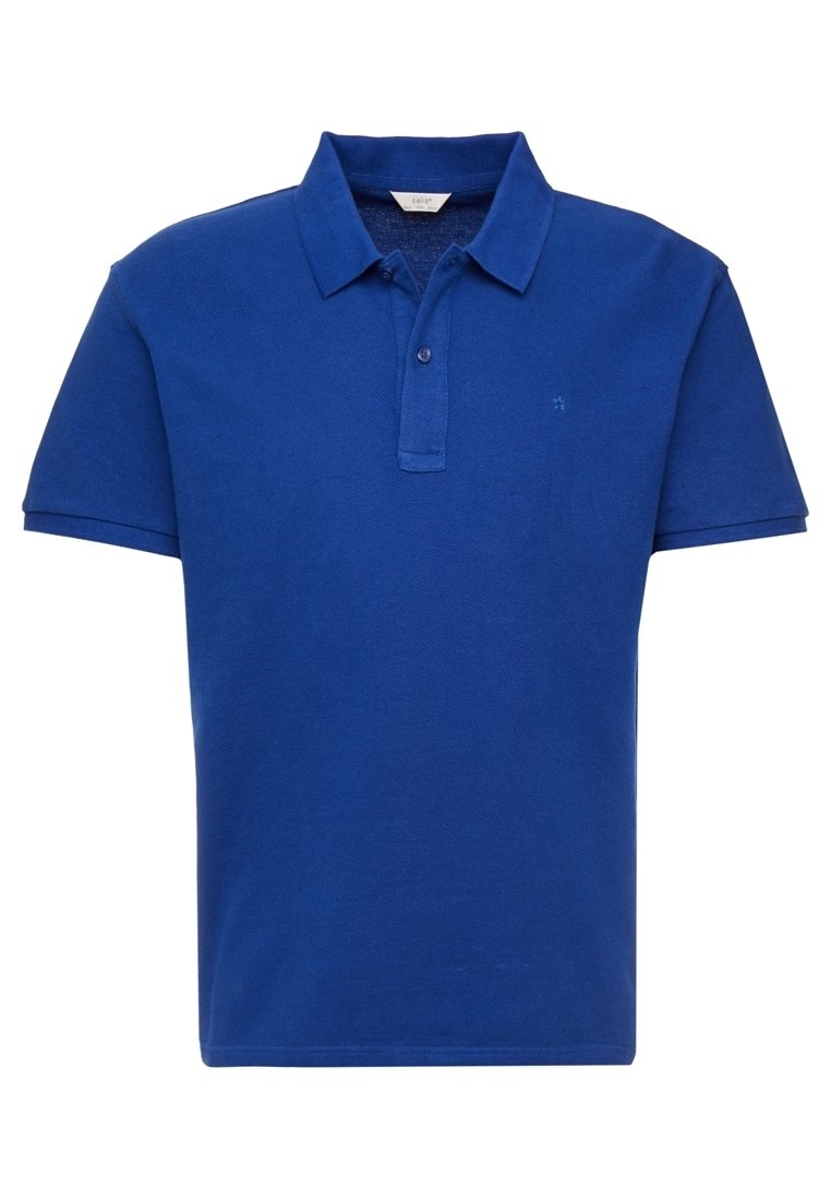 Polo bleu uni à manches courtes avec col et patte à deux boutons, présenté de face sur fond blanc.