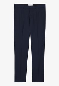 Sötétkék, sima anyagból készült nadrág, slim fit szabással, elülső zsebekkel és címkével ellátott derékrésszel.