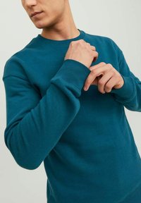 Teal katoenen sweatshirt met een ronde hals en ribgebreide manchetten. De stof lijkt textuur te hebben en is licht rekbaar, ontworpen voor comfort.