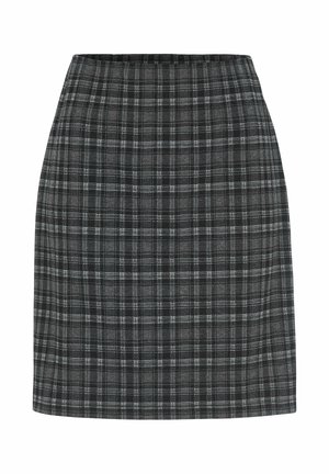 Grijze geruite rok met een klassieke ruitpatroon en witte accenten, gestructureerde stof en een rechte snit.