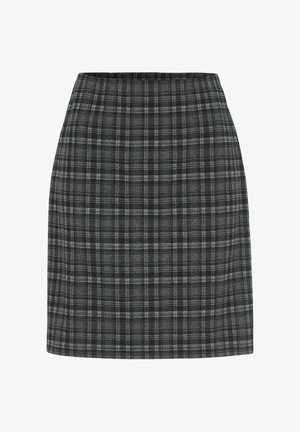 Grau karierten Rock mit klassischem Karomuster und weißen Akzenten, strukturiertem Stoff und gerader Silhouette.