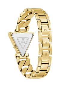 Triangular gold-tone stainless steel watch with a glossy face and a chunky link bracelet design. Features GUESS branding and Japan movement.
