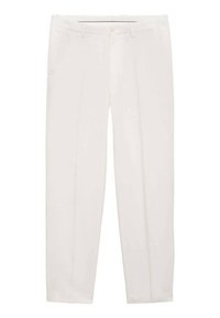 White trousers made of smooth fabric, featuring a straight leg design, front pockets, and a single button closure at the waistband.