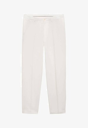 Bele hlače iz gladkega materiala, z ravnim krojem, sprednjimi žepi in enim gumbom za zapiranje na pasu.