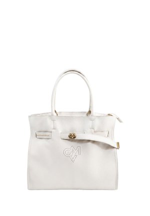 Borsa a mano in pelle bianca con due manici, fibbia frontale sulla cinghia e design del logo GMV perforato sul davanti.