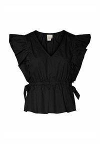 Svart bluse med korte rysjekanter i ermene, V-hals og innsvingt midje. Laget av lett stoff med justerbare knyttedetaljer på sidene.