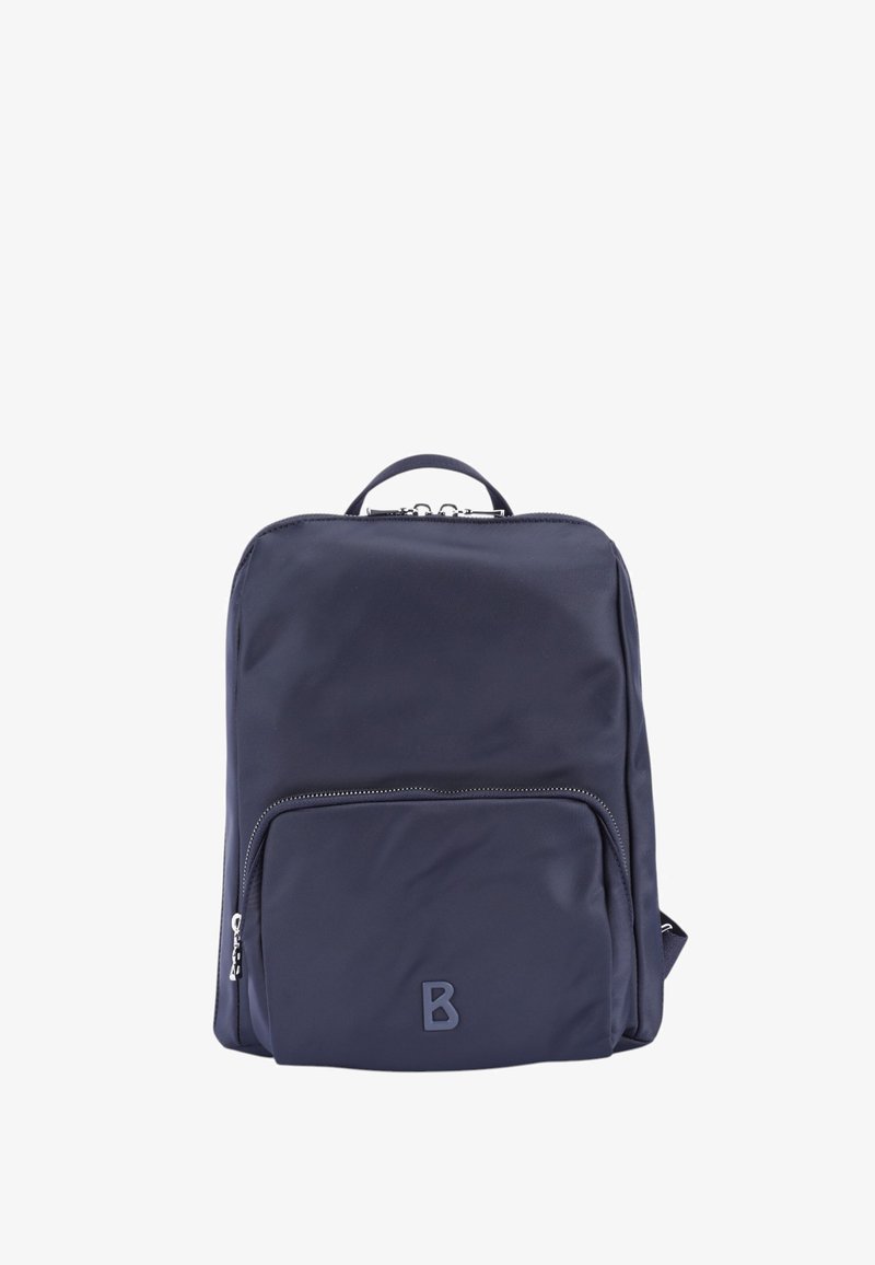 Zaino in nylon blu con maniglia superiore, spallacci regolabili, tasca frontale con cerniera e logo embossato nell'angolo in basso a destra.