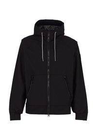 Giacca leggera nera con zip frontale, cappuccio e due tasche laterali, con polsini a costine e cordini a contrasto. Texture liscia.