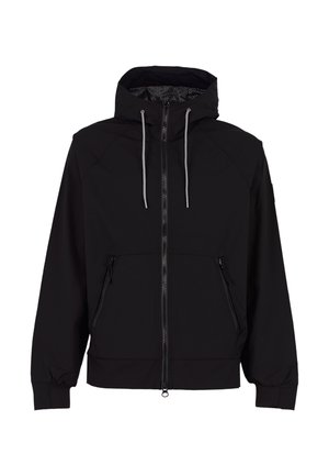 Giacca leggera nera con zip frontale, cappuccio e due tasche laterali, con polsini a costine e cordini a contrasto. Texture liscia.