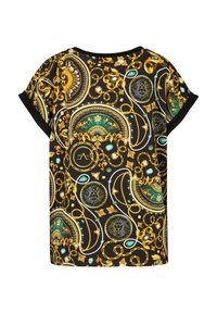 Zwarte top met korte mouwen met een gouden en groene barokpatroon, met ingewikkelde ontwerpen en accenten, gemaakt van zachte stof.