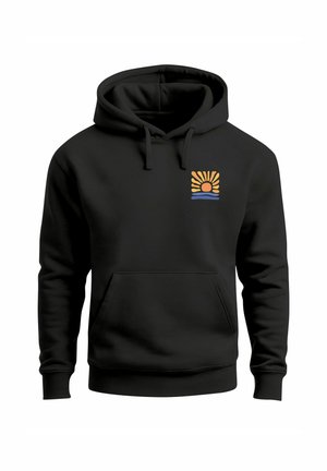 Black hoodie made of cotton with a front pocket. Features a graphic of an orange sun and blue waves on the left chest area.