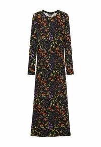 Hosszú ujjú, fekete ruha élénk virágmintával narancssárga, lila és sárga színekben. Az oldalán összegyűrt részlet textúrát ad a ruhának.