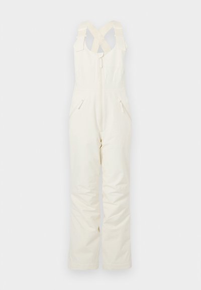 Fehér szigetelt overall állítható keresztpántokkal a hátoldalon, elülső cipzárral és két oldalzsebbel, sima textúrával és kényelmes szabással.