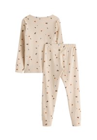 Beige ribbet pyjamasæt med langærmet top og bukser, prydet med små blomster- og bladmønstre i orange, grøn og blå.