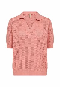 Vaaleanpunainen neulottu neuletakki, jossa on V-pääntie ja lyhyet hihat. Ominaisuuksia ovat teksturoitu, avoin kudontasuunnittelu ja yksivärinen kaulus. Ribbaattu helma.