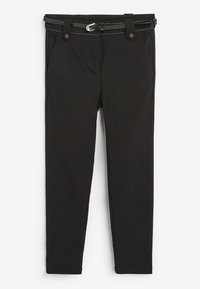 Pantaloni neri con design a gamba dritta, dotati di una cintura abbinata, tasche laterali e una texture in cotone morbido.