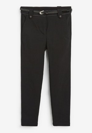 Pantaloni neri con design a gamba dritta, dotati di una cintura abbinata, tasche laterali e una texture in cotone morbido.