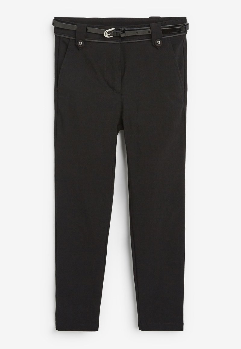Pantaloni neri con design a gamba dritta, dotati di una cintura abbinata, tasche laterali e una texture in cotone morbido.