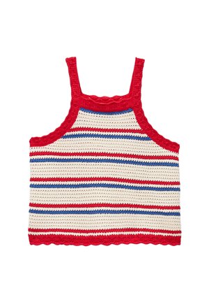 Haut court sans manches en crochet avec bordure rouge et rayures horizontales en rouge, bleu et blanc.