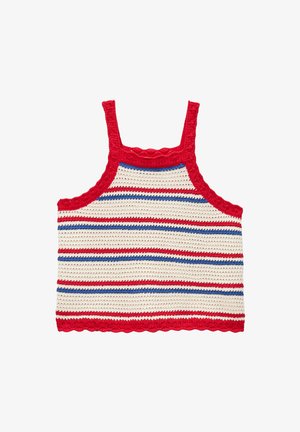 Haut court sans manches en crochet avec bordure rouge et rayures horizontales en rouge, bleu et blanc.