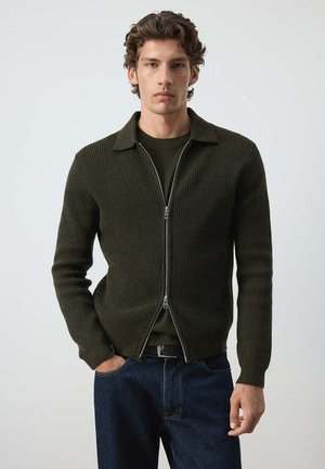 Jeune homme aux cheveux bouclés portant un pull zippé vert foncé par-dessus une chemise sombre et un jean bleu, debout devant un fond clair uni.