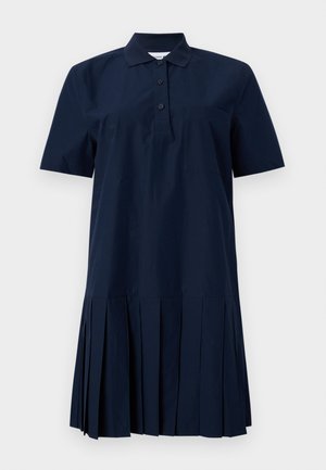Mornarskoplava polo haljina s kratkim rukavima, ovratnikom, preklopom s tri gumba, džepom na prsima i plisiranim rubom suknje.