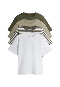 Ensemble de quatre t-shirts : couleurs comprennent vert olive, kaki, gris rayé et blanc. Matière en coton, manches courtes, col rond.